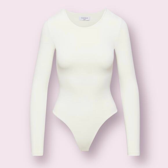 Aritzia Contour Crew Bodysuit Light Birch White Long Sleeve Size Medium M Fitted - Picture 2 of 16